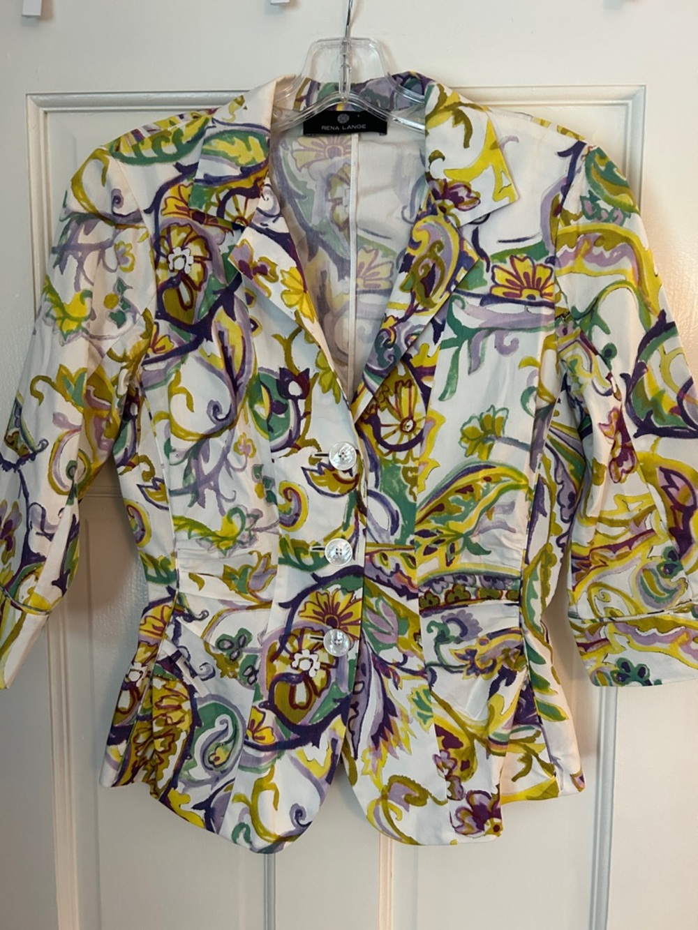 Rena Lange White Multicolor Floral-Scroll Button Blazer